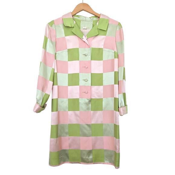 Vintage Green Pink Square Checker Print Button Shirt Dress Size S - Picture 1 of 10